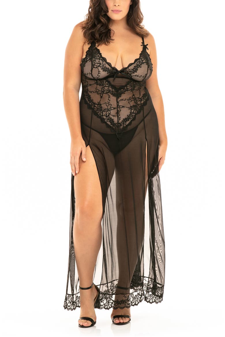 Valentine Long Lace & Mesh Chemise & Thong Set, Alternate, color, BLACK
