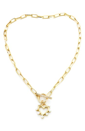 Panacea Faux Pearl Heart Pendant Toggle Necklace In White