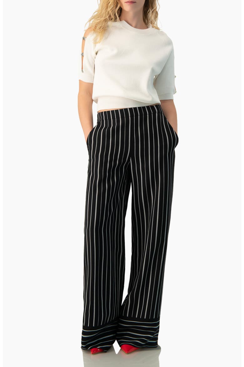 Pinstripe High-Waist Wide-Leg Relaxed Trousers, Alternate, color, Black