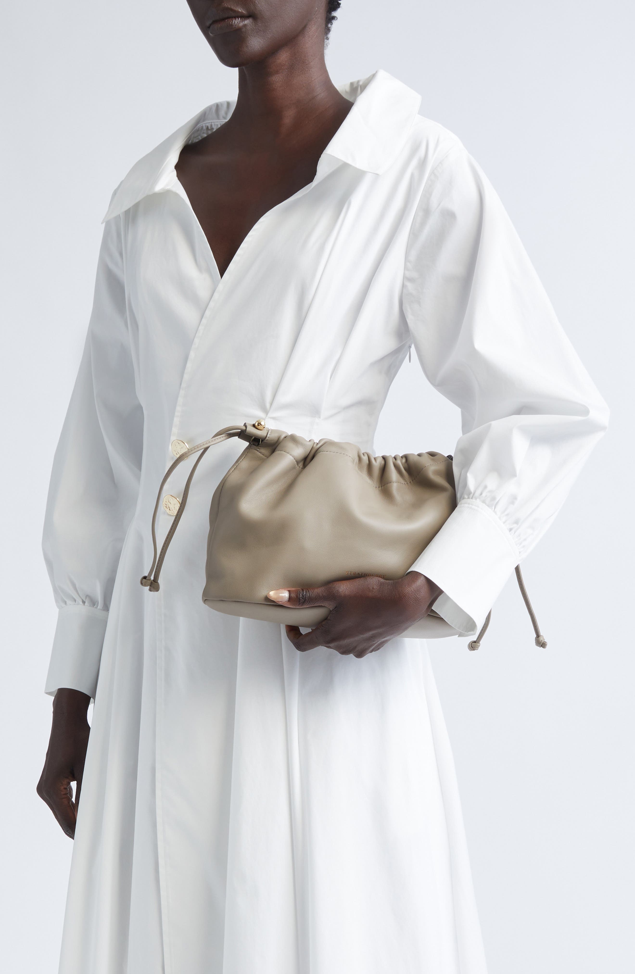 Strathberry Drawstring Pouch Leather Shoulder Bag, Alternate, color, Taupe