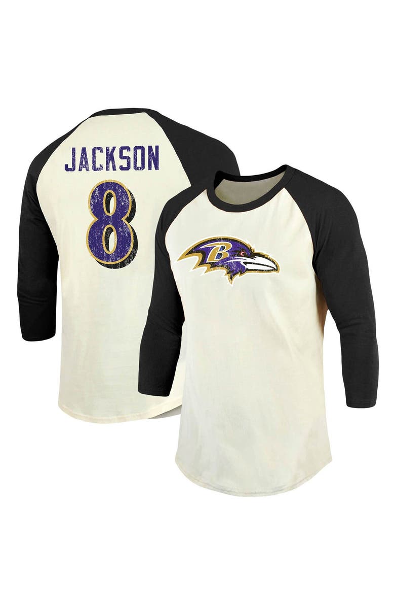 Majestic Threads Men's Majestic Threads Lamar Jackson Cream/Black Baltimore Ravens Vintage Player Name & Number 3/4-Sleeve Fitted T-Shirt, Main, color, 