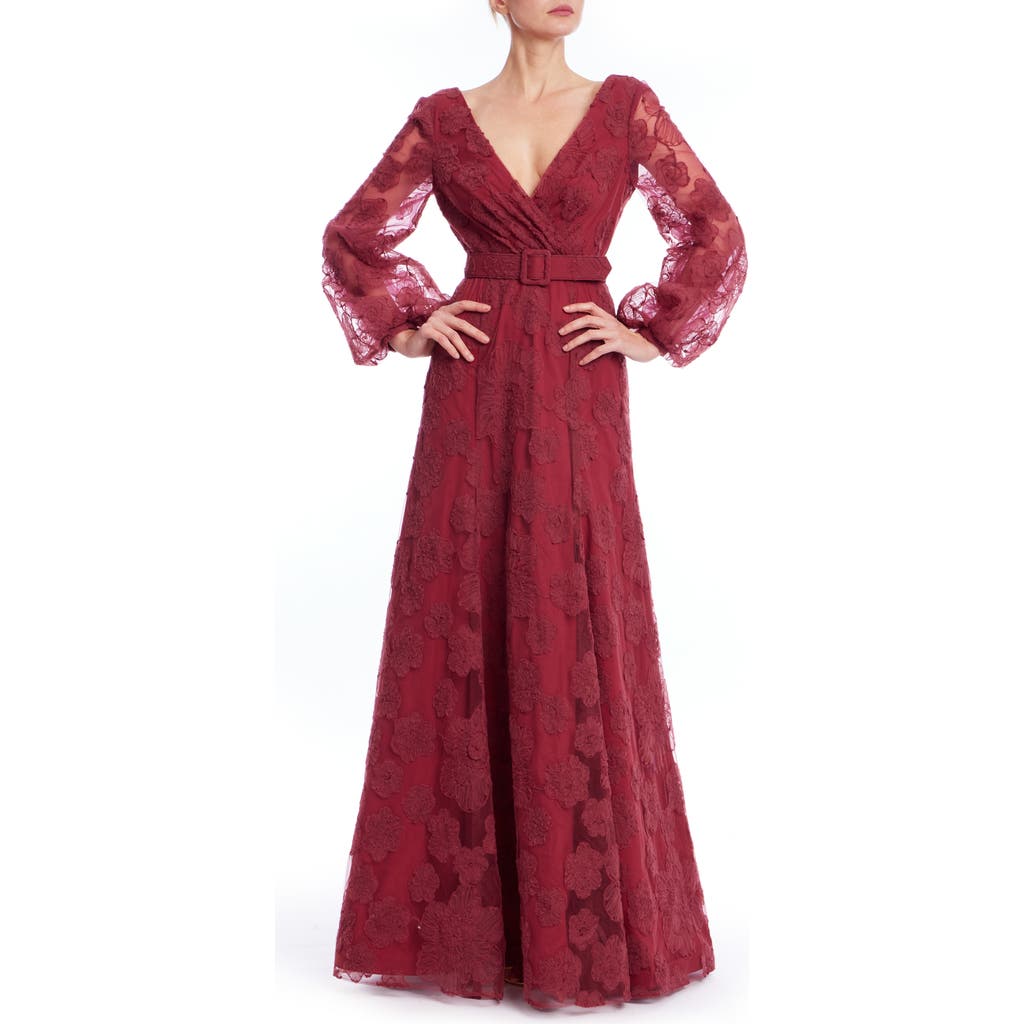 Badgley Mischka Collection Embroidered Long Sleeve Gown In Red
