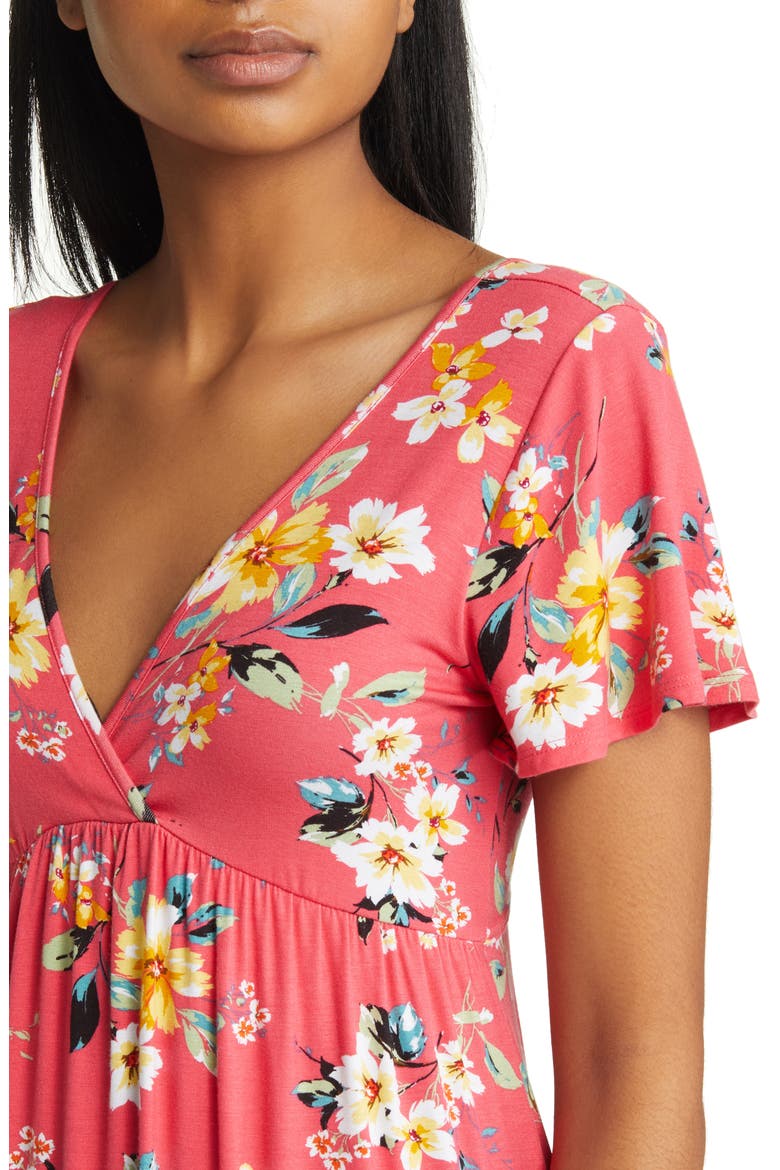 Floral Tie Back Surplice V-Neck Knit Minidress, Alternate, color, CORAL