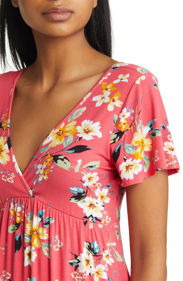 Loveappella Floral Tie Back Surplice V-Neck Knit Minidress, Alternate, color, Coral