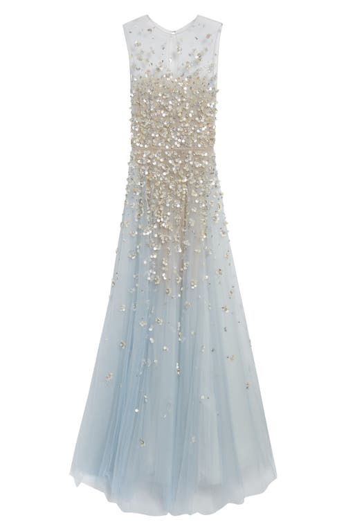 Oscar De La Renta Mother Of Pearl Embroidered Sleeveless Tulle Gown In Blue