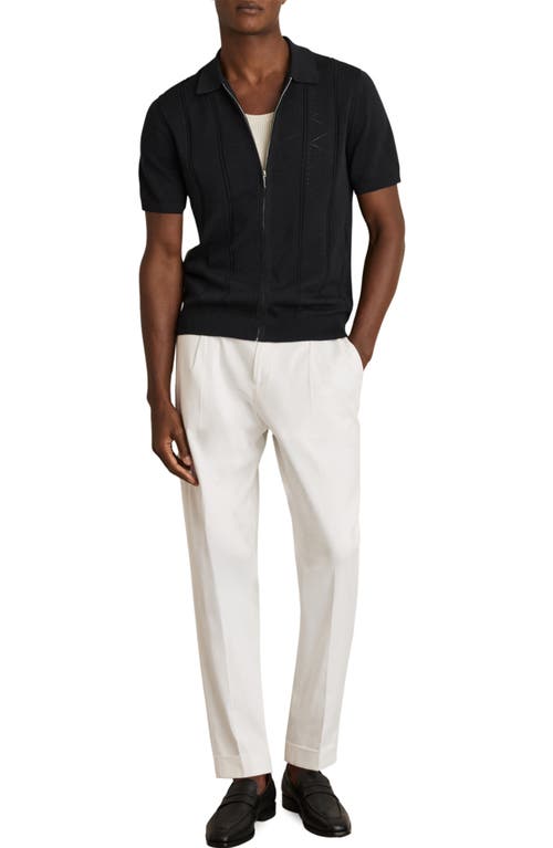 Reiss Tay Pointelle Knit Short Sleeve Zip-up Shirt In Black