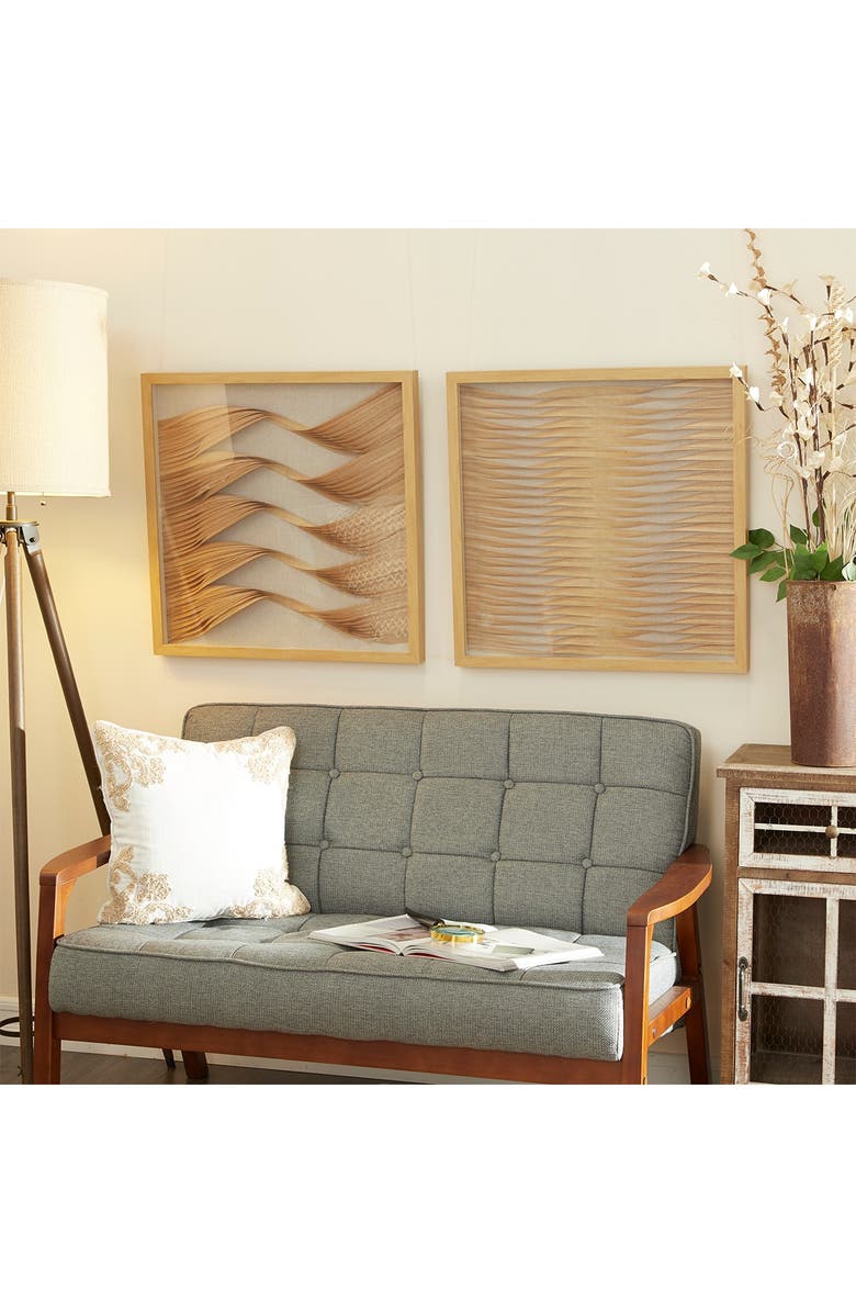 GINGER BIRCH STUDIO Brown Wood Handmade Abstract Shadow Box with Rattan Weaving - Set of 2, Alternate, color, Brown