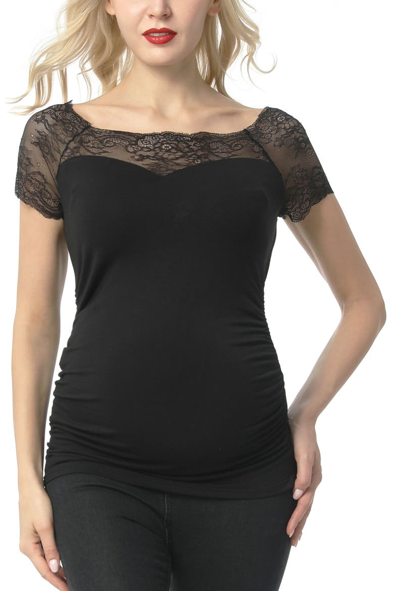 Valerie Lace Shoulder Maternity Ruched Top, Main, color, Black