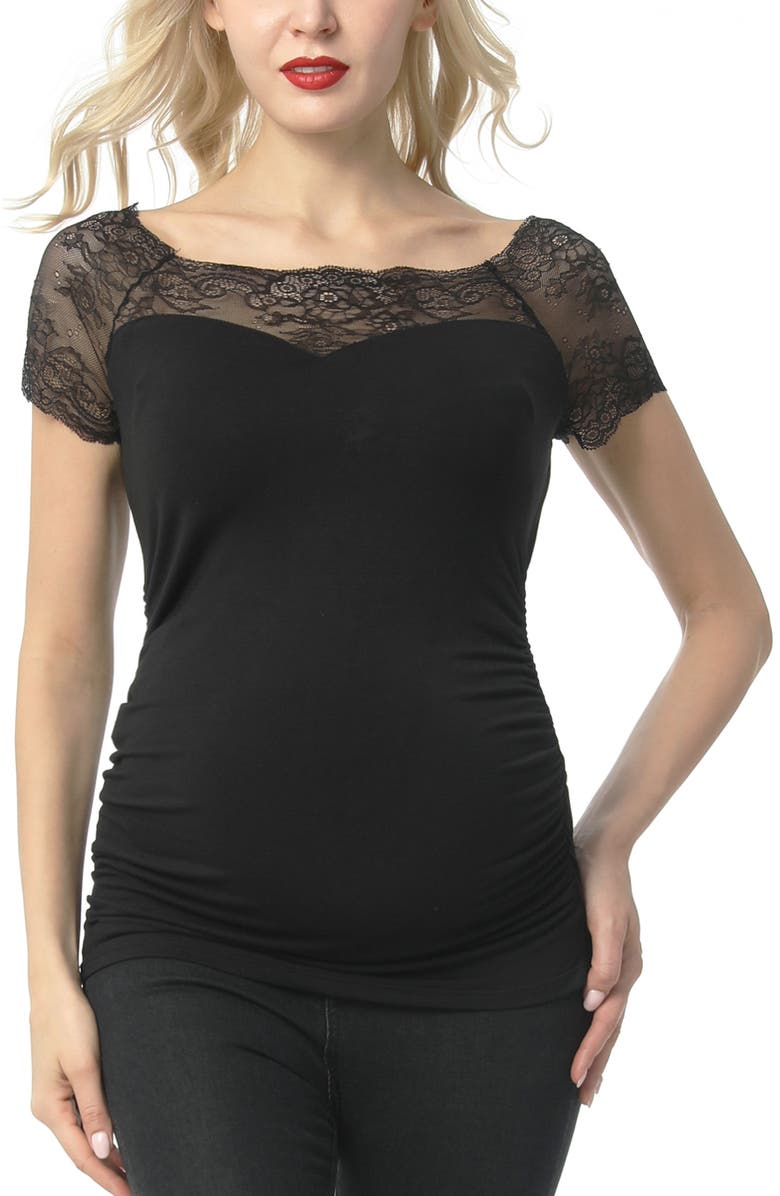 Kimi & Kai Valerie Lace Shoulder Maternity Ruched Top, Main, color, Black
