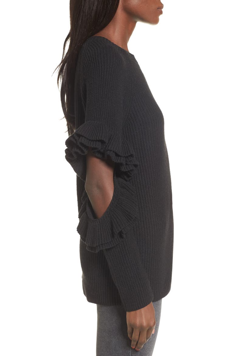 Elbow Cutout Ruffle Sweater, Alternate, color, BLACK