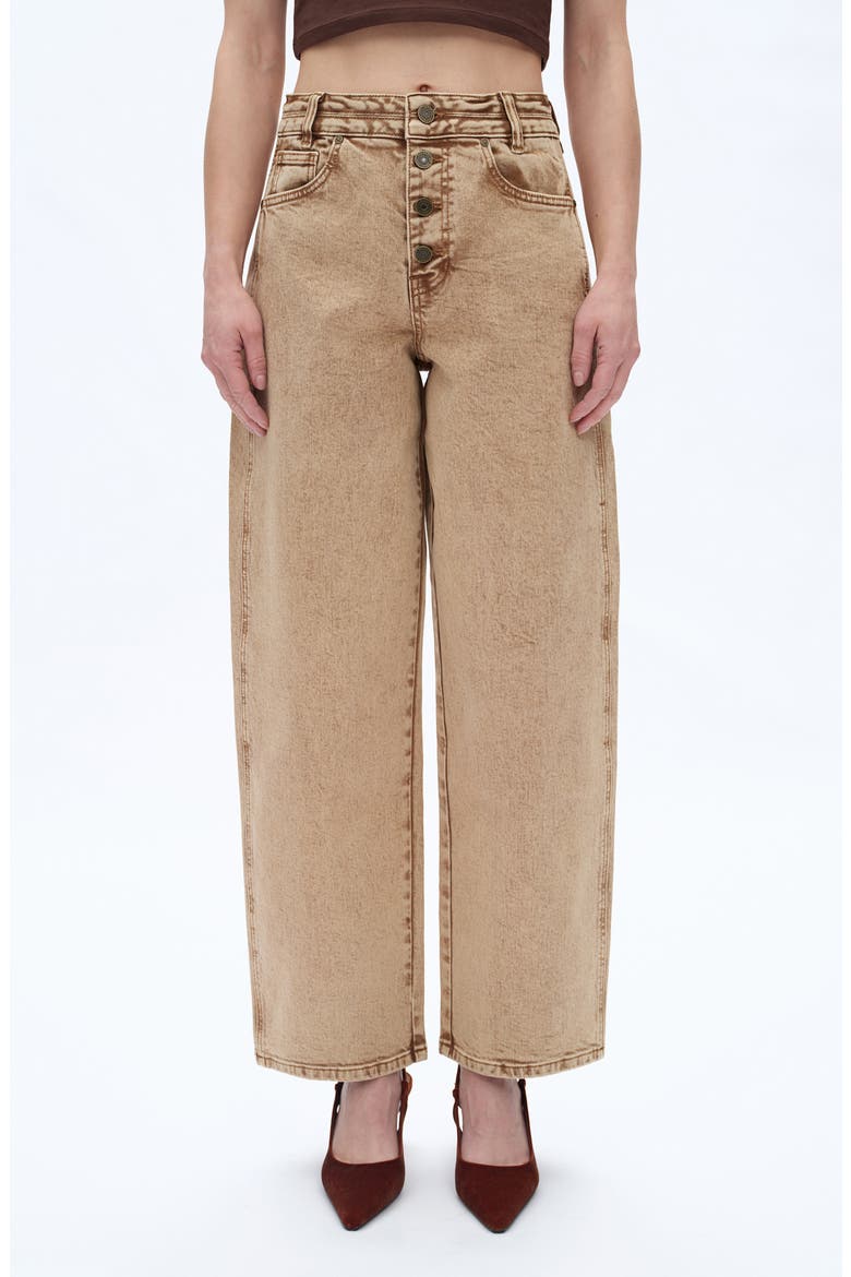 Exposed Button High Waist Barrel Jeans, Main, color, KHAKI