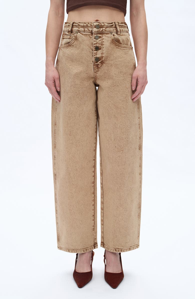 Bayeas Exposed Button High Waist Barrel Jeans, Main, color, Khaki