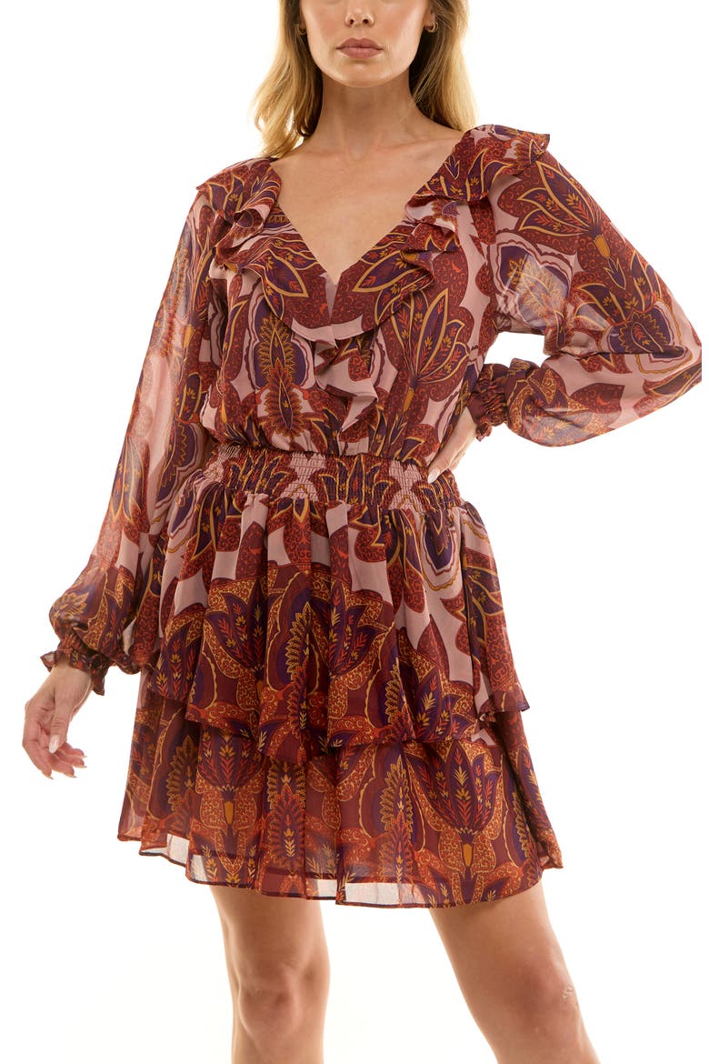 Floral Print Long Sleeve Minidress, Alternate, color, TAUPE RUST SCARF