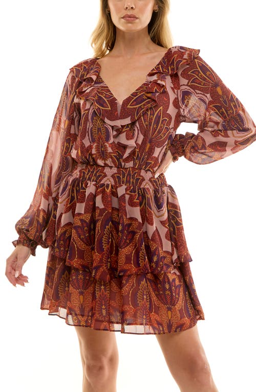 Socialite Floral Print Long Sleeve Minidress In Brown
