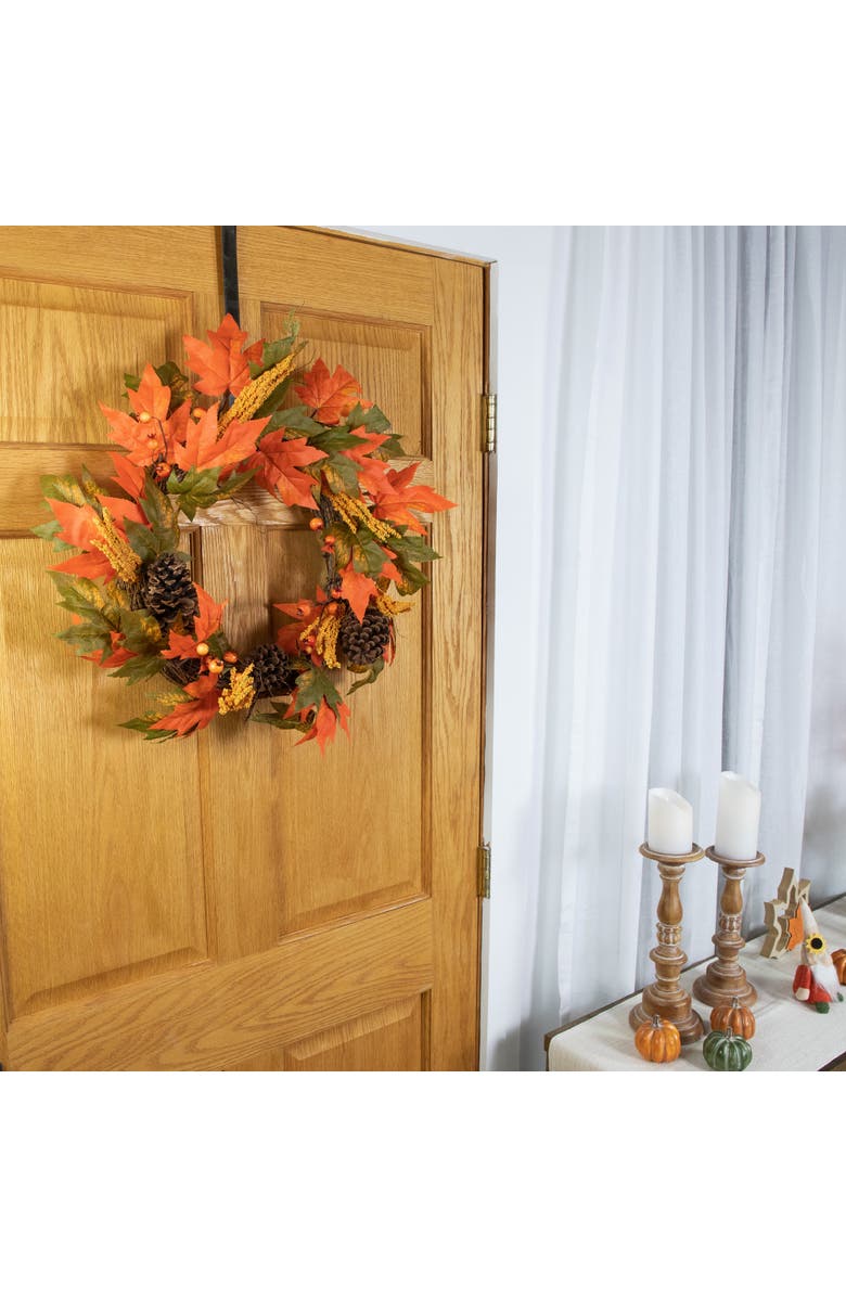 Northlight Maple Leaves Pinecones and Berries Artificial Fall Harvest Wreath - 24", Alternate, color, Orange