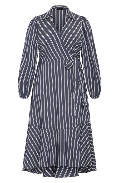 City Chic Brynn Stripe Faux Wrap High Low Dress In Blue