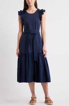 Caslon® Ruffle Tie Waist Mixed Media Dress