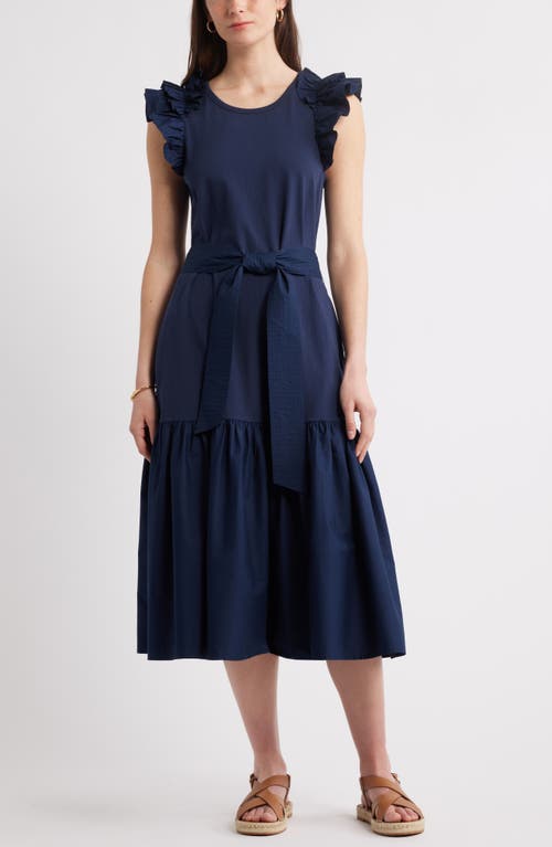 Caslonr Caslon(r) Ruffle Tie Waist Mixed Media Dress In Navy Blazer