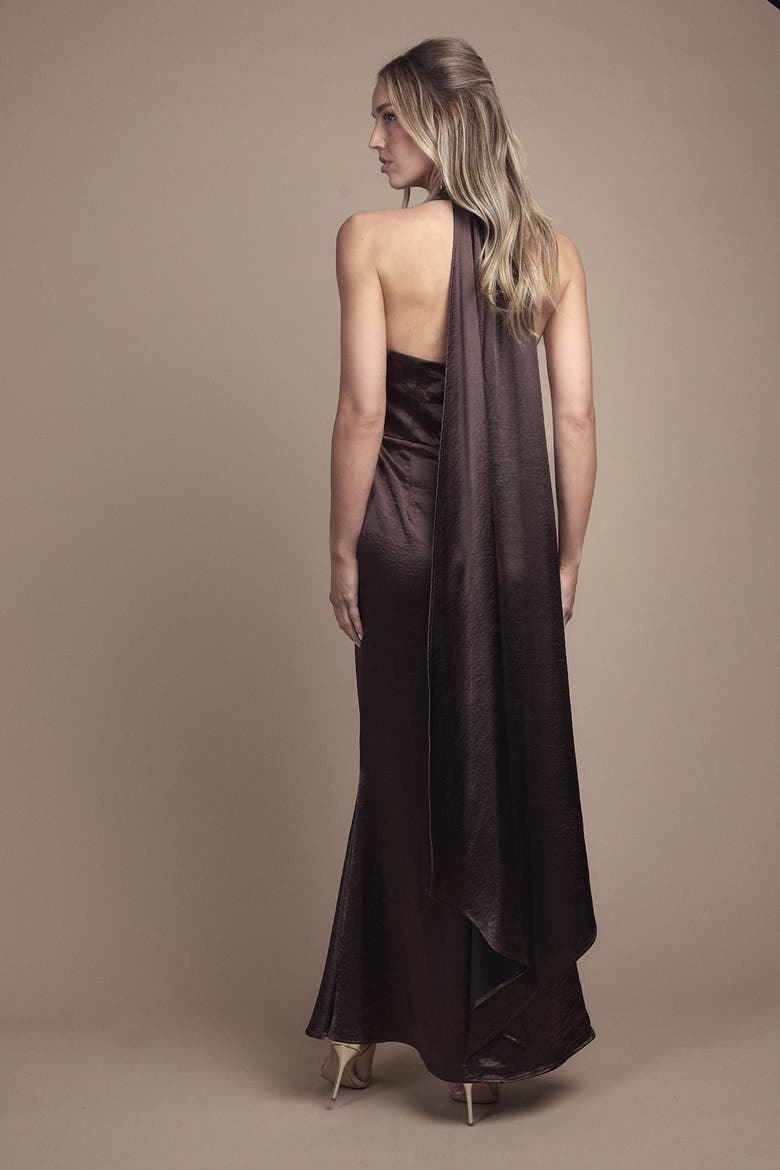 Satin Halter Maxi Bridesmaid Dress, Alternate, color, Chocolate