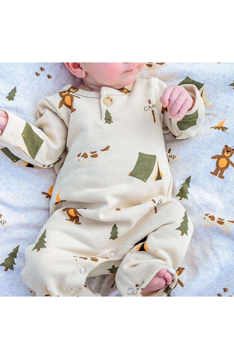 Oh baby! Brand Camping Print One Button Romper French Terry- Infant, Alternate, color, Biscotti