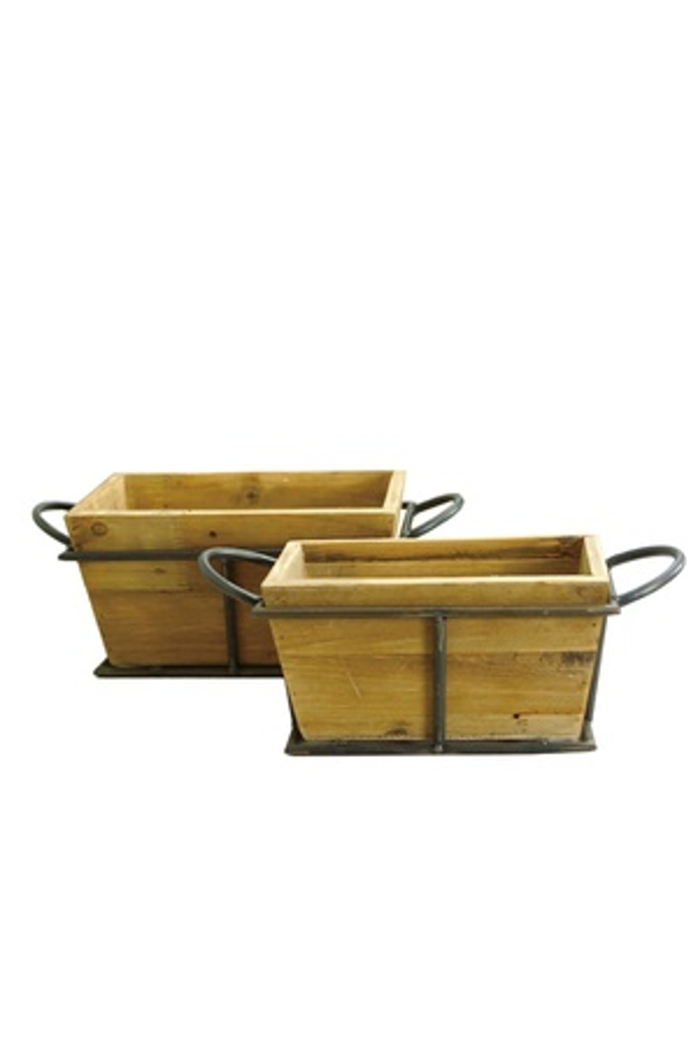 Wood Brown Metal Framed Wood Planters Set of 2, 15.78 Inch Decorative Indoor Planters, Main, color, Brown