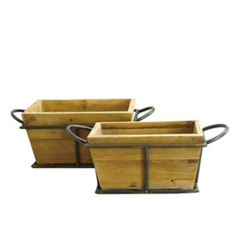 Wood Brown Metal Framed Wood Planters Set of 2, 15.78 Inch Decorative Indoor Planters