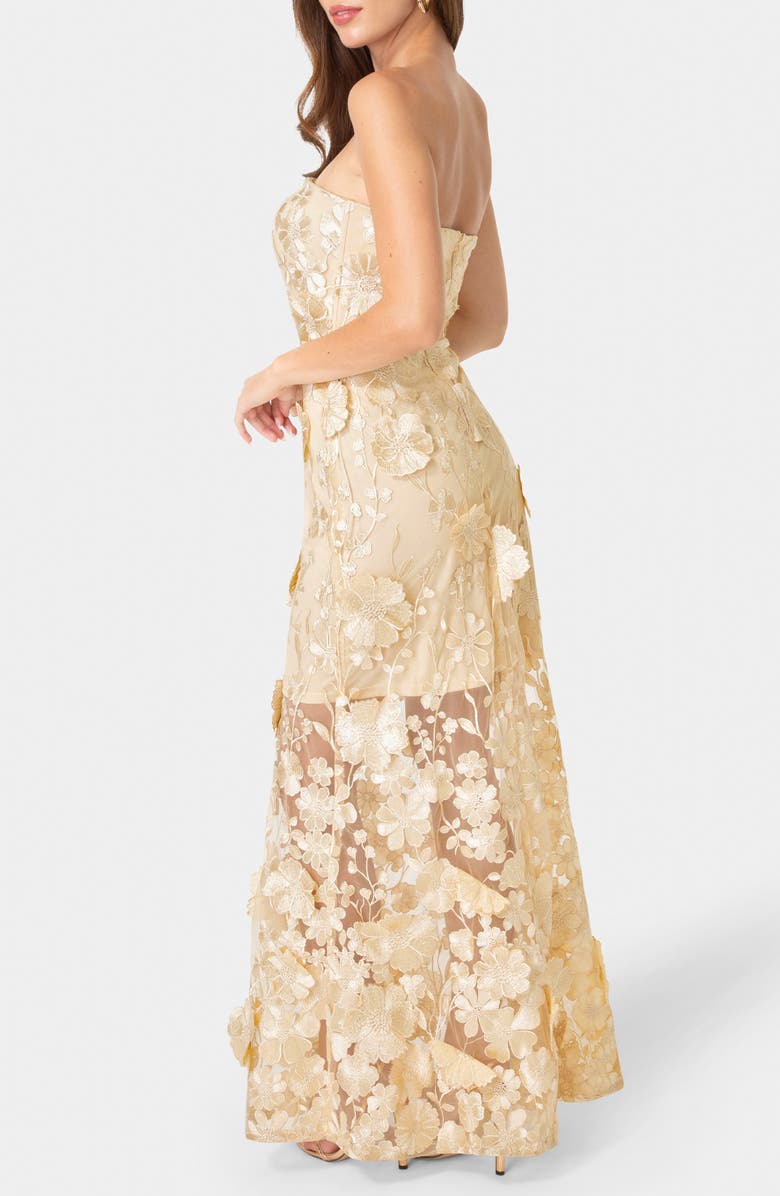 bebe Embroidered Strapless Gown, Alternate, color, Nude Gold