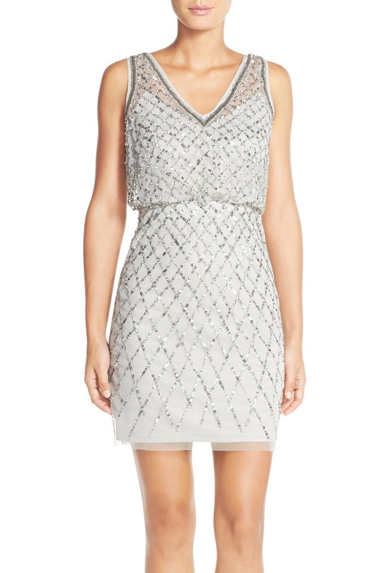 Embellished Blouson Sheath Dress, Main, color, SILVER