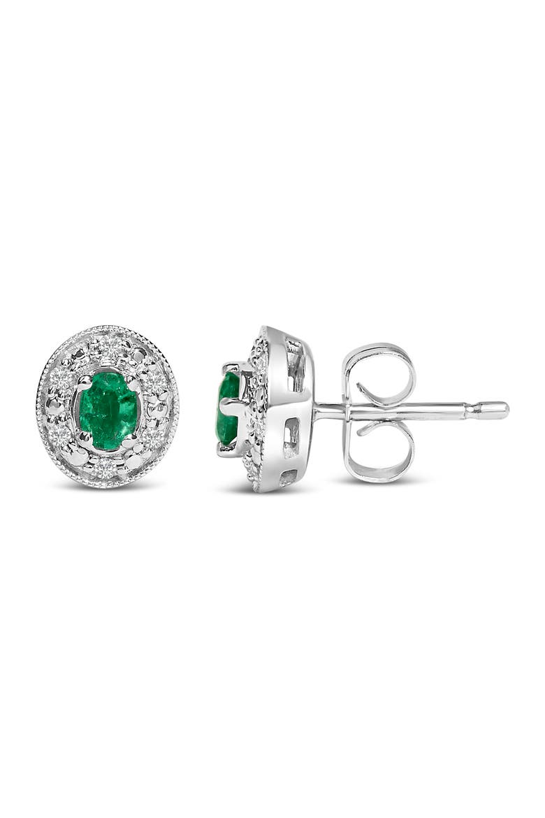 14K White Gold Oval Green Emerald and 1/10 Ct Diamond Halo Stud Earrings, Alternate, color, White