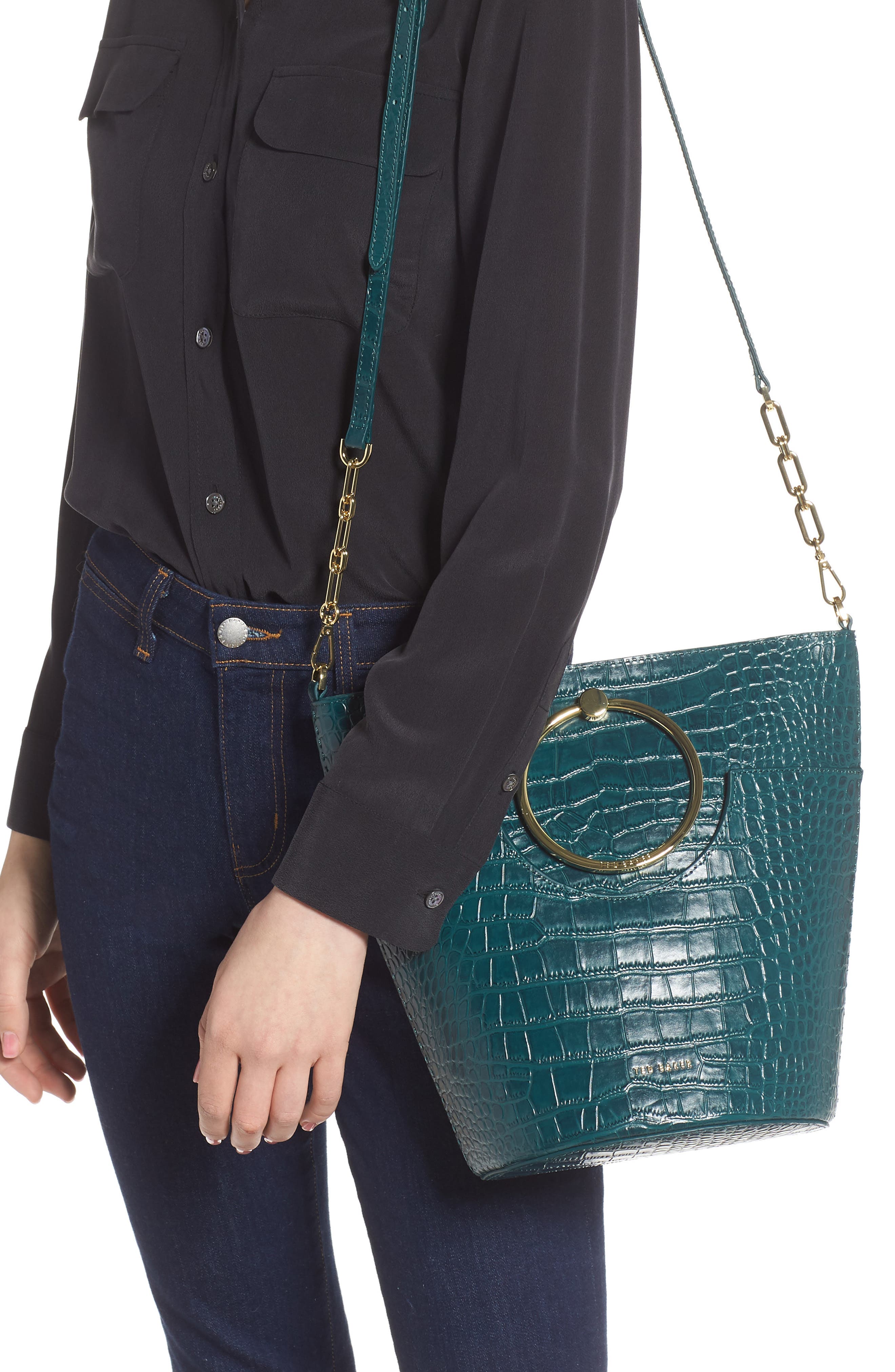 Ted Baker London Ashher Croc Embossed Leather Bucket Bag, Alternate, color, 