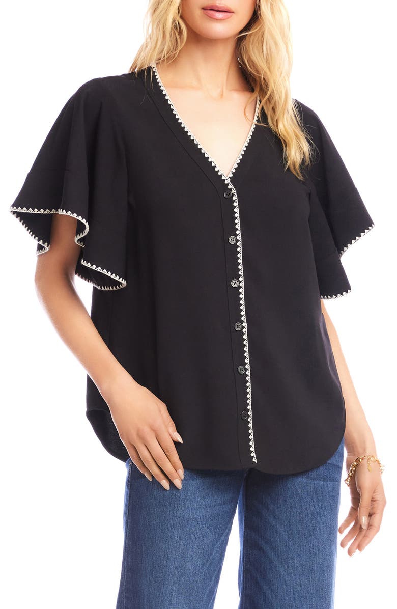 Karen Kane Edge Stitch Flutter Sleeve Top, Main, color, Black/ Cream