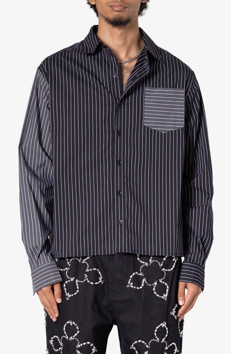 mnml Oversize Mismatched Pinstripe Button-Up Shirt Jacket, Main, color, Black