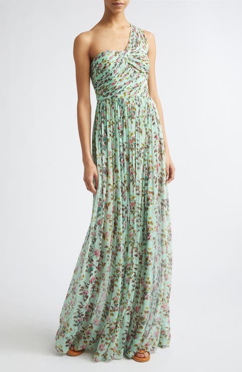 Aureline Floral One-Shoulder Silk Chiffon Gown