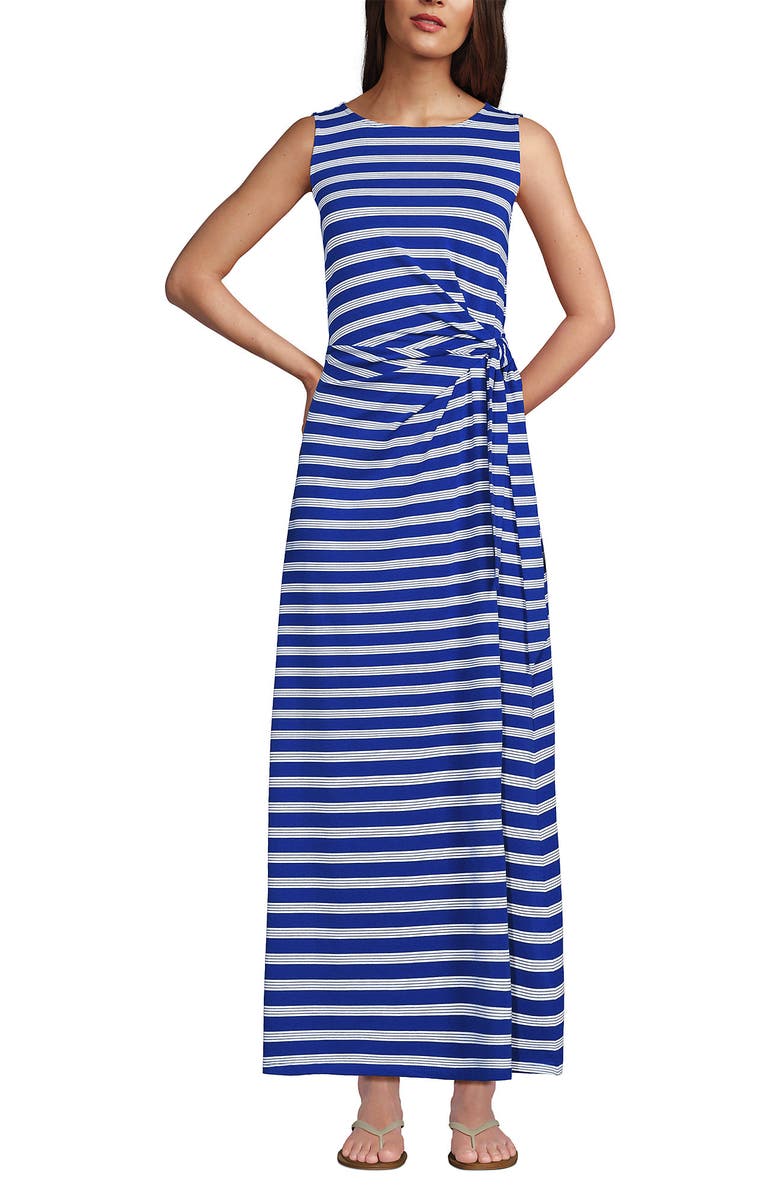 Lands' End Cotton Modal Sleeveless Tie Waist Maxi Dress, Main, color, Sapphire Gem Blue Quad Stripe