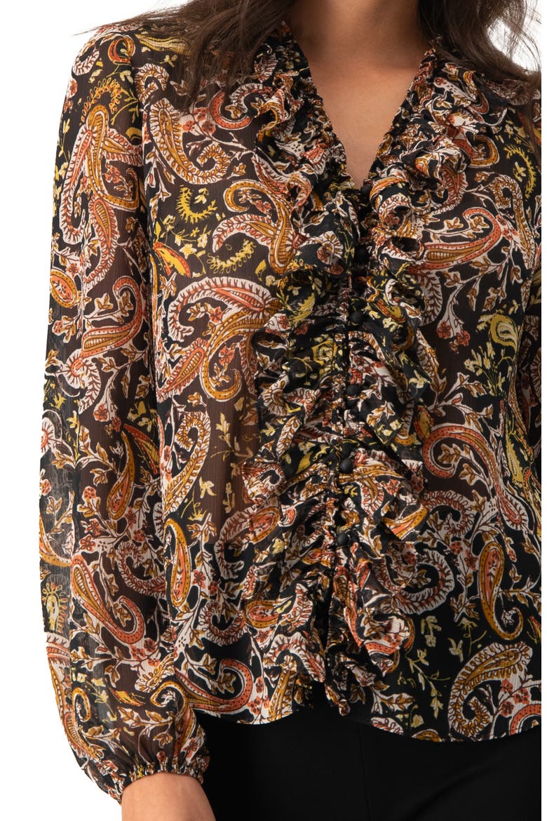 V-Neck Ruffle Trim Printed Blouse, Alternate, color, Multicolor