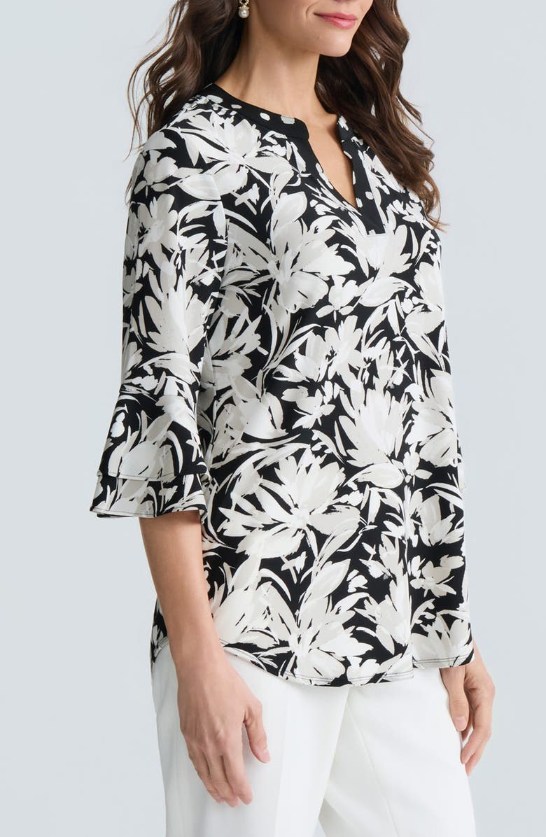 KASPER Floral Print Three-Quarter Sleeve Knit Top, Alternate, color, Black/White