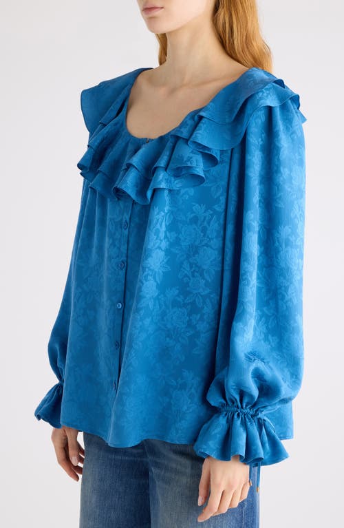 Chloé Floral Silk Jacquard Ruffle Top In Blue