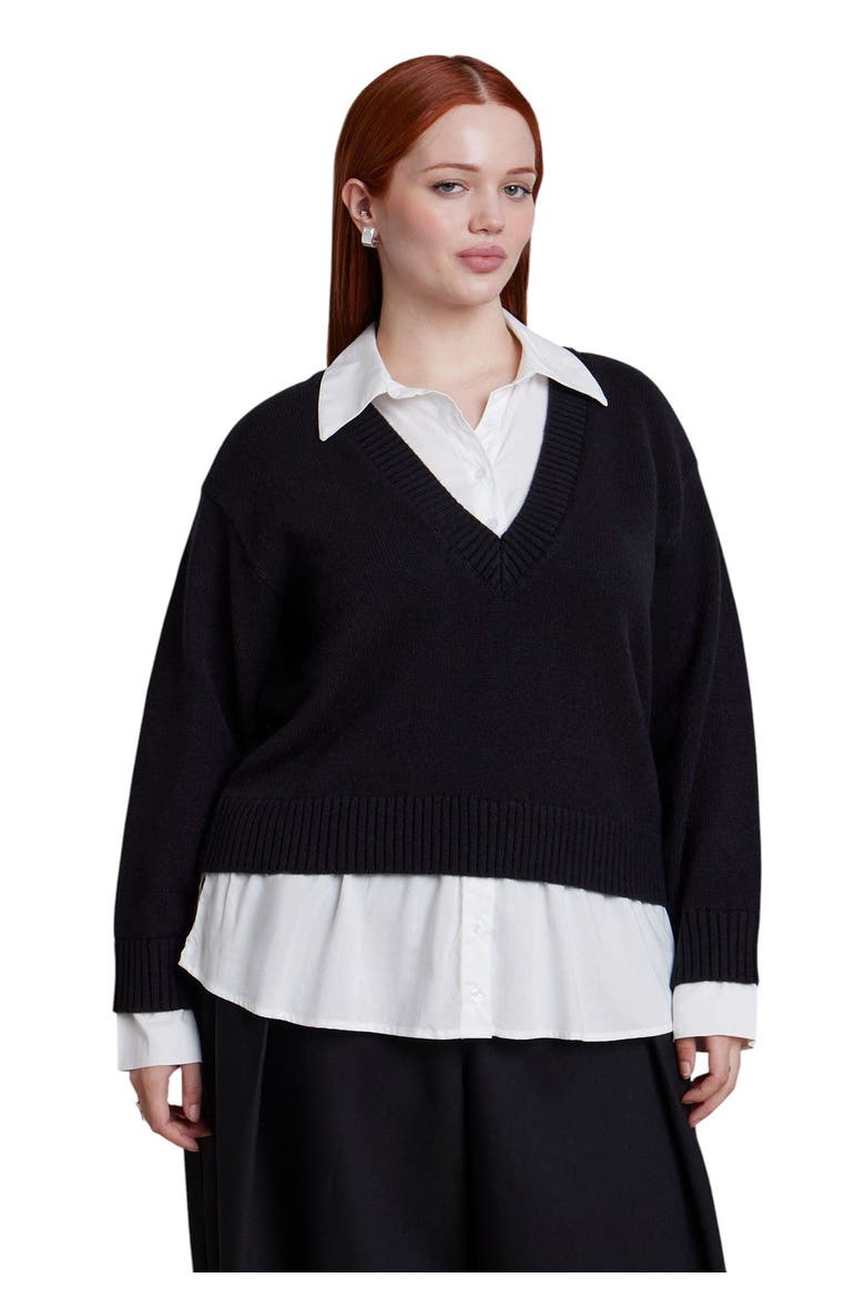 Layered V Neck Twofer Sweater (plus), Main, color, BLACK ONYX