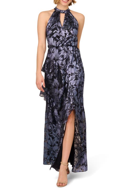 Metallic Floral Keyhole Neck Gown