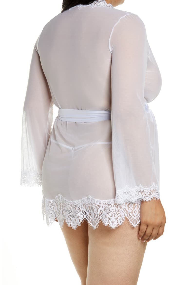 Lace Trim Mesh Robe & G-String Set, Alternate, color, WHITE