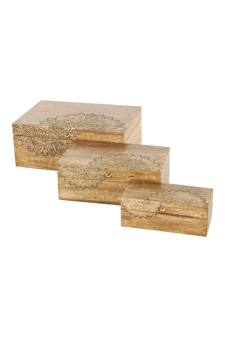 Set of Three Hand Carved Storage Boxes, Main, color, BROWN