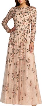 Mac Duggal Embellished Lace Floral Long Sleeve A-Line Gown