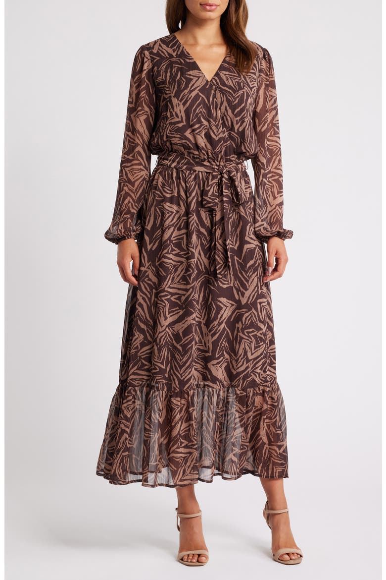 Long Sleeve Faux Wrap Dress, Main, color, BROWN- TAN