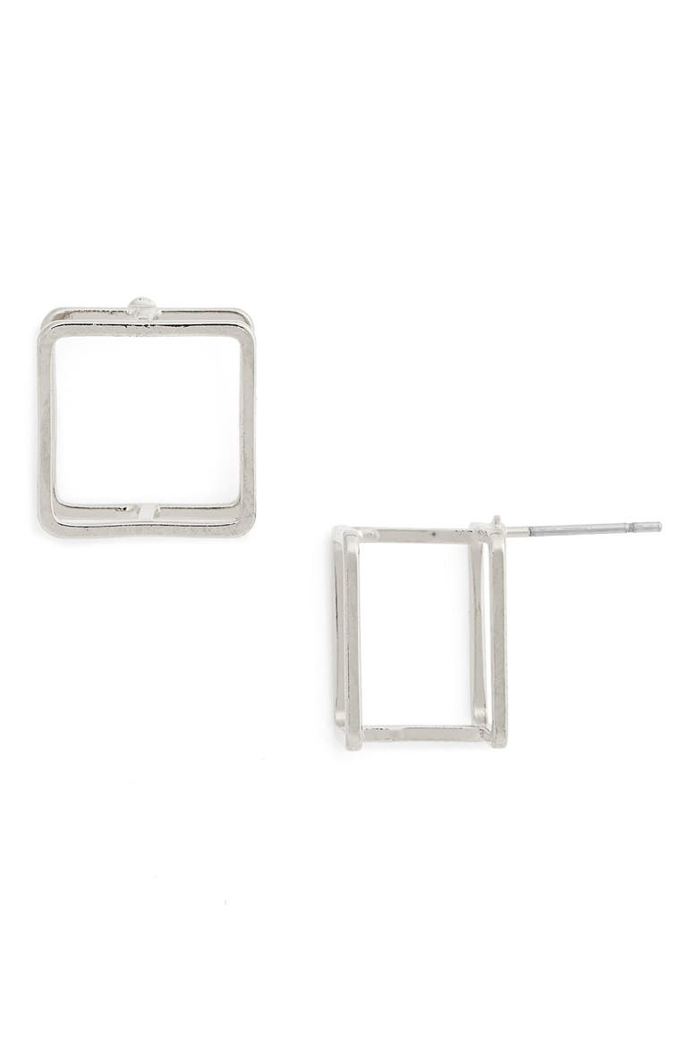 3D Square Stud Earrings, Main, color, SILVER