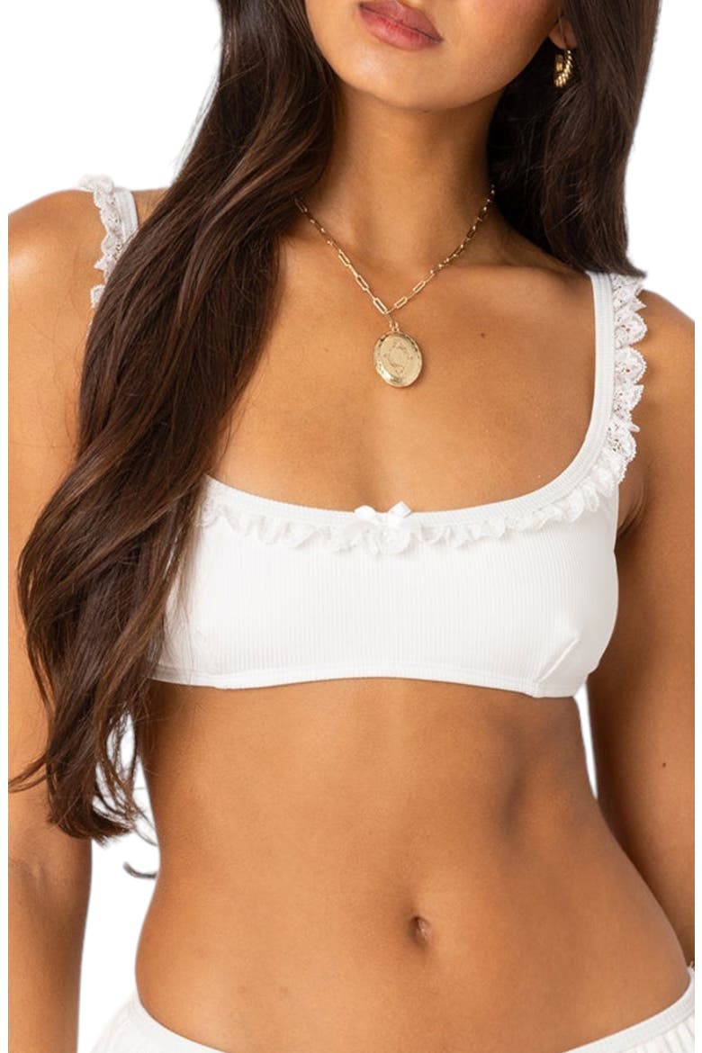 Lacy Ruffle Trim Bikini Top, Main, color, WHITE