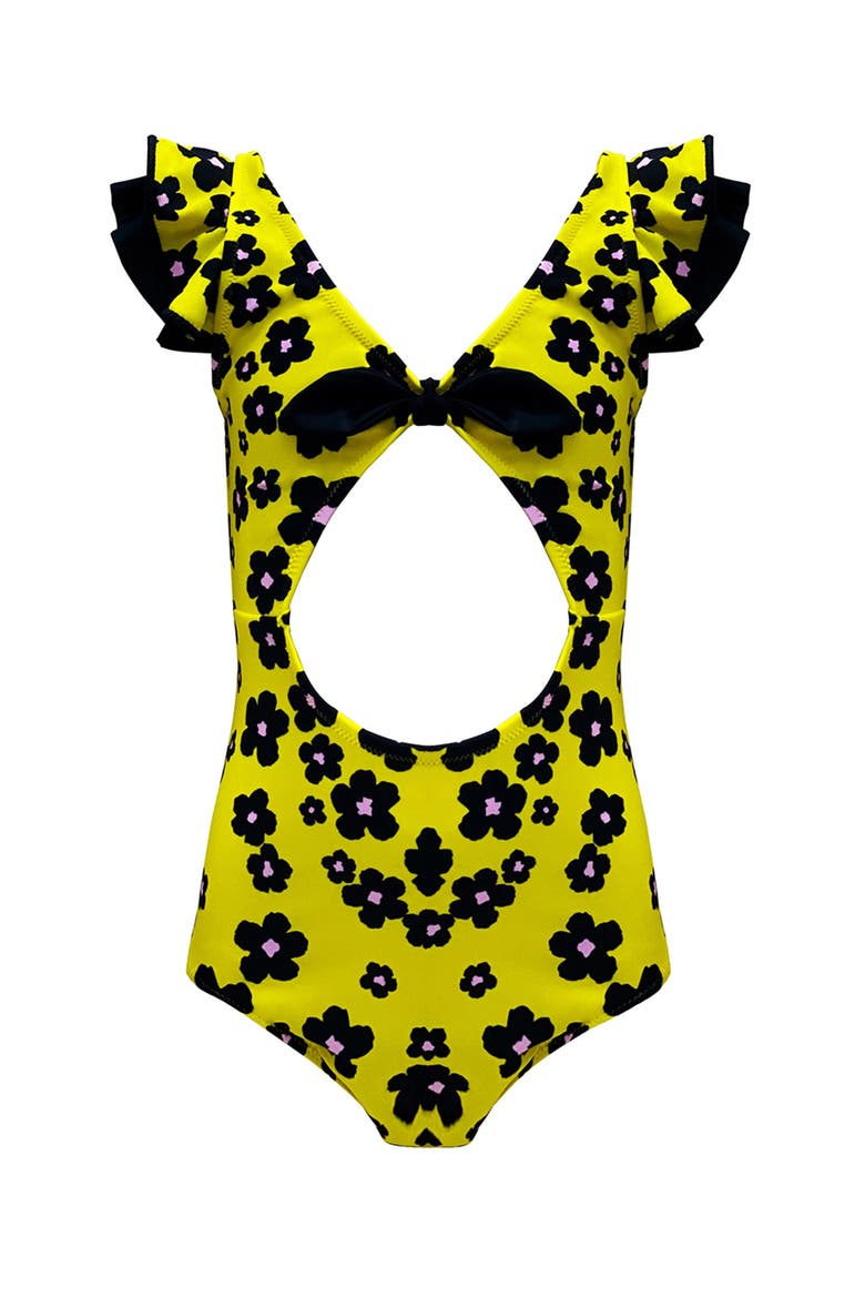 The Daisy Pop Ruffle & Bow - Cutout One-Piece Swimsuit, Toddler, Little Kid & Big Kid, Main, color, Yellow