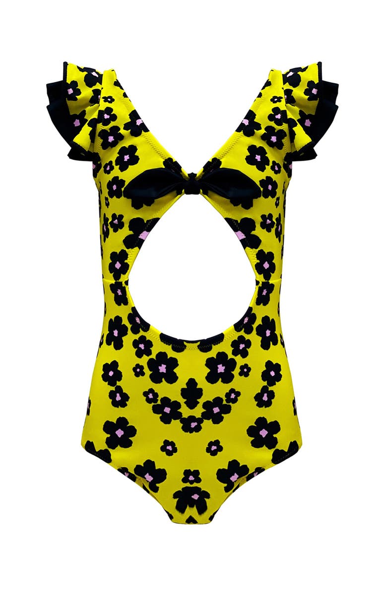 NESSI BYRD The Daisy Pop Ruffle & Bow - Cutout One-Piece Swimsuit, Toddler, Little Kid & Big Kid, Main, color, Yellow