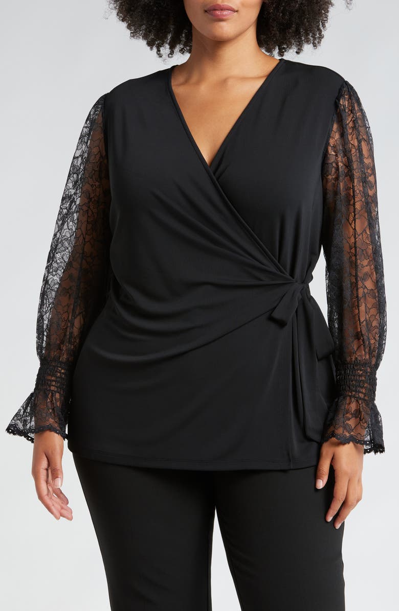 Anne Klein Mixed Media Wrap Top, Main, color, 