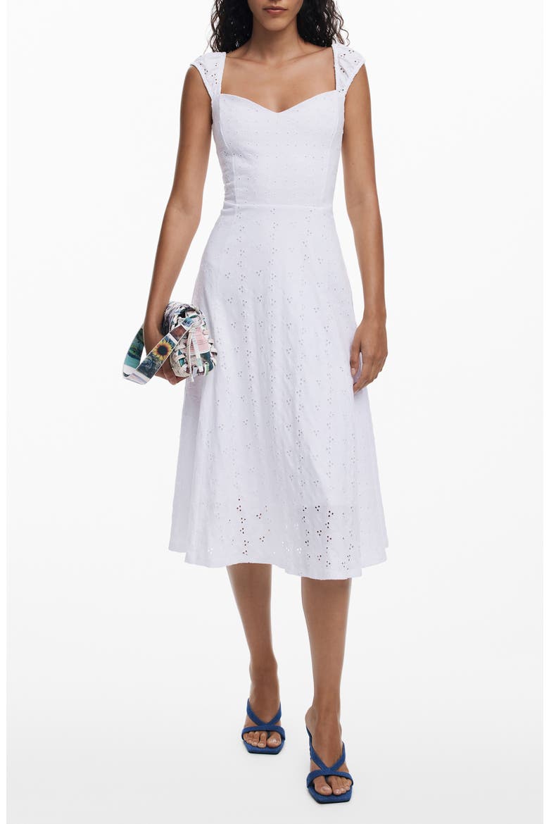 Sleeveless Embroidered Eyelet Cotton Midi Dress, Main, color, WHITE