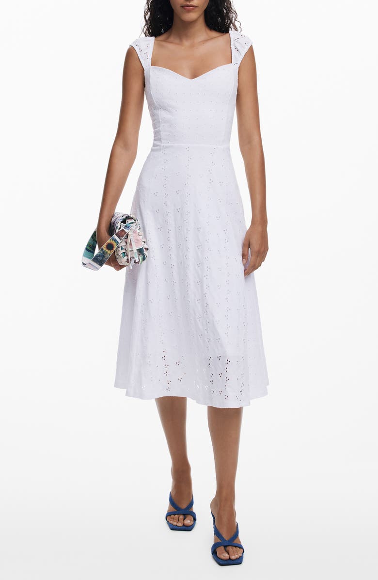 Desigual Sleeveless Embroidered Eyelet Cotton Midi Dress, Main, color, White